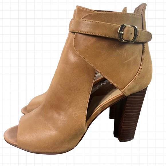 Vince Camuto Venica Bootie Size 10 Eu 40 Tan Buckled Leather 5 In Heel Open Toe - Picture 1 of 14